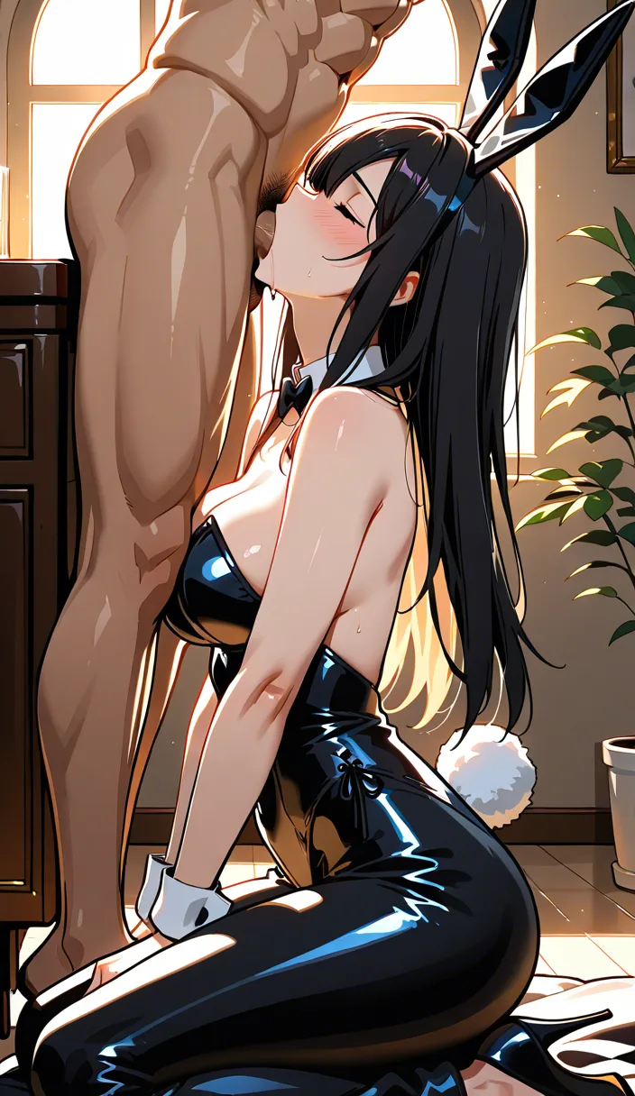 masterpiece, best quality, bunny girl, abs, evening gown, deepthroat, sunlight, hentai style