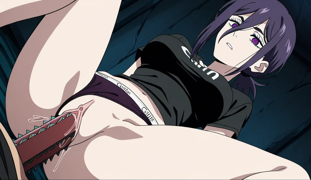 chainsaw_man_style, tatsuki_fujimoto_style, anime_screencap

1girl, goth, black-purple hair, purple eyes, makeup, mascara, calvin klein black panties, black t-shirt, panties aside, vaginal penetration, interracial, fat black male, on bed, naughty_face, smirk, big black penis, reverse_cowgirl_position.
1