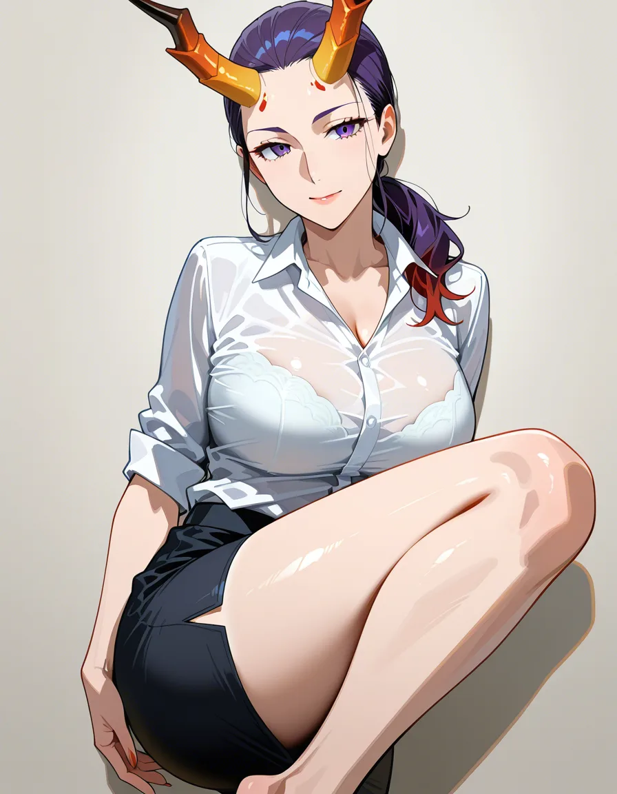 professional photo, high detail, mature female, ponytail, horns, leg up, natural skin texture, hentai_studio_quality