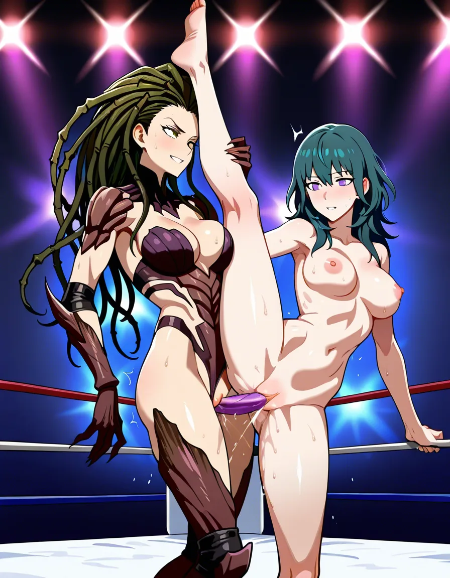 @byleth_(fire_emblem)-dark-green-hair , Sarah_kerrigan_(starcraft_2) , 2girls yuri sex , wrestling_ring, orgasm pussy_juice, defeated,, bruises, squirting standing_on_one_leg leg_lift, hentai_studio_quality