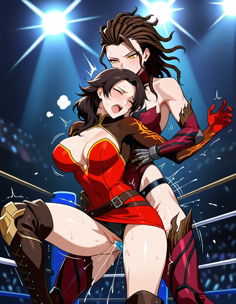 Sarah_kerrigan_(starcraft) , cinder_fall_(rwby) , 2girls yuri sex , wrestling_ring, wrestling orgasm pussy_juice, defeated, squirting , strap-on vaginal_object_insertion ,, hentai_studio_quality, hentai_studio_quality