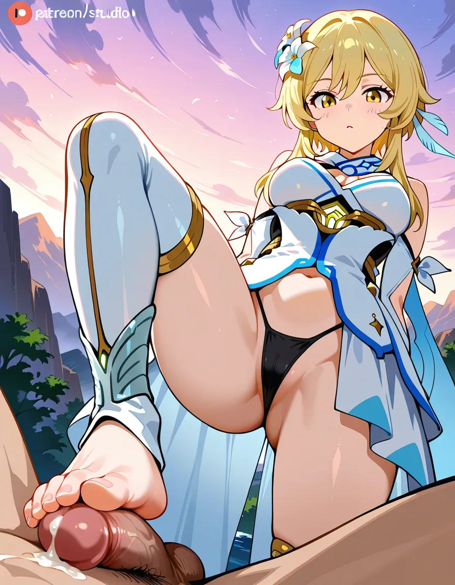 lumine, footjob, outdoor, seductive gaze, looking down, cum, thong, hentai_studio_quality