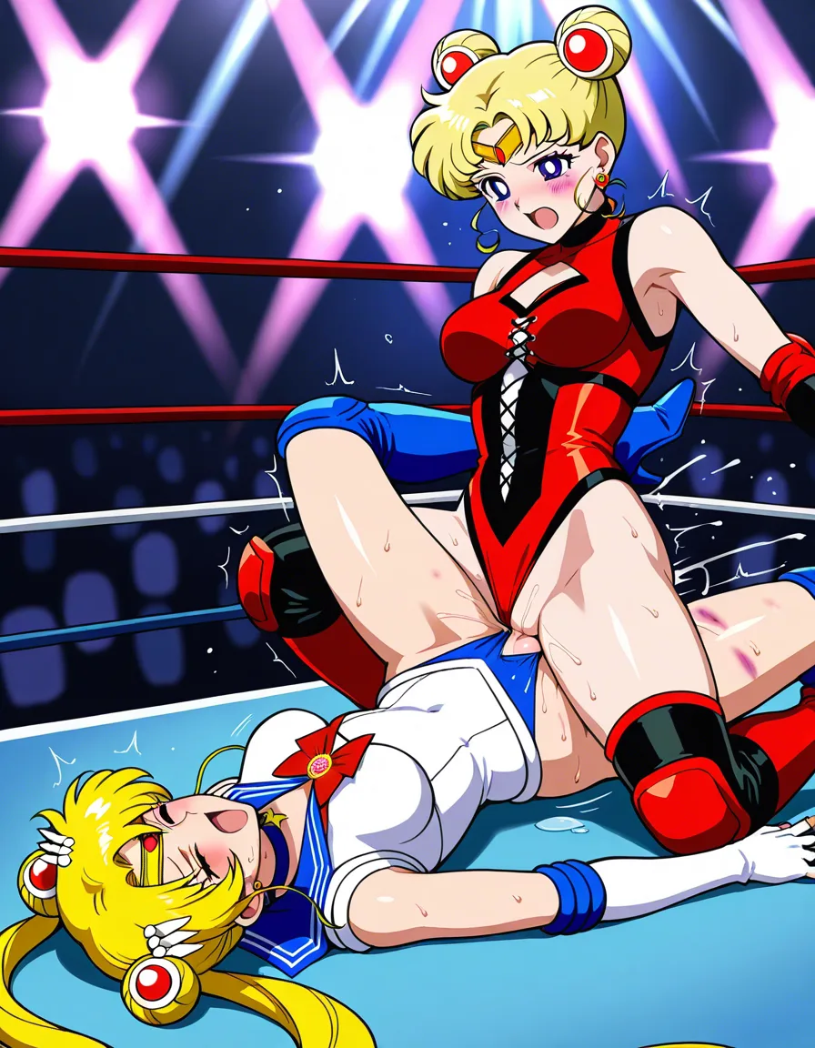 @ruby_rose , @sailor_moon_blonde_hair , 2girls yuri sex , wrestling_ring, wrestling orgasm pussy_juice, defeated, squirting , bruised, sweat tribadism, hentai_studio_quality