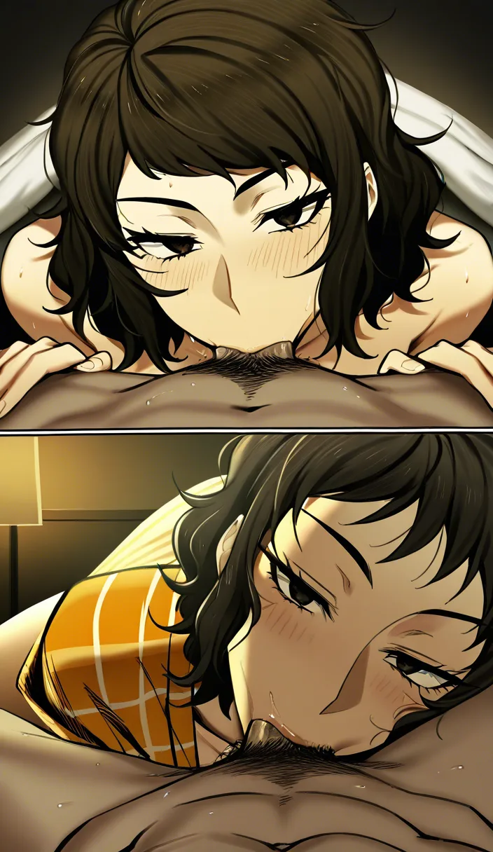 1boy 1girl fellatio bed 

this is the girl: (Adult Japanese woman, Sadayo Kawakami, with a slender, average-height build and a mature, elegant appearance. She has long, straight dark brown hair reaching past her shoulders, with slightly uneven side-swept bangs framing her face. Her hair is smooth and naturally layered, with a few loose strands around her cheeks. She has fair Japanese skin, a soft oval-shaped face, narrow dark brown eyes, thin eyebrows, and a small delicate nose. Her expression is generally calm and slightly tired-looking, with a subtle, reserved demeanor. Outfit: She is wearing a fitted, casual mustard-yellow long-sleeve shirt. The shirt has a wide, rounded scoop neckline that exposes a small amount of her collarbone and upper chest. It is made of thin, stretchy fabric and fits closely to her torso, with horizontal lighter-yellow/cream stripes running across the entire shirt. The sleeves are long and fitted around the upper arms but become slightly wider and looser toward the wrists, ending around her hands. The shirt is long enough to extend well past her waist and cover her hips, with the lower portion slightly gathered and wrinkled naturally around her waist and stomach. She is wearing a light blue denim skirt, visible from the hips downward. The skirt has a casual, slightly loose fit rather than being skin-tight, with visible denim seams and subtle fabric folds. Overall visual style: Japanese anime character design, clean linework, detailed facial features, natural proportions, dark brown hair, mature adult woman, professional teacher aesthetic, subdued navy and white color palette, Persona 5-inspired visual design.) 

 this is the boy: Appearance: A slim Japanese young man with a lean, average-height build and facial features. He has messy, tousled black hair, with uneven layered strands and pointed pieces sticking out naturally around the sides and back. His bangs are irregular and slightly separated across his forehead. He has dark gray eyes, pale skin, a small nose, and a subtle relaxed smile. Casual outfit: He wears a long, open black charcoal-colored jacket/cardigan that extends down to approximately his upper thighs. The jacket has long sleeves, a simple straight silhouette, and no visible hood. It hangs loosely around his body and remains completely open at the front. Underneath the jacket is a white/off-white V-neck shirt. The shirt has a deep V-shaped neckline and subtle thin horizontal gray stripes running across the fabric. The shirt is relatively long, extending below the waist and slightly over the hips. He wears dark blue-gray slim-fitting jeans, fitted through the legs without being excessively tight. The jeans have a simple, understated appearance. On his feet are dark brown ankle boots, with a simple rounded shape and low heel. Exact outfit structure: black/charcoal long open jacket → white/off-white V-neck horizontally striped shirt → dark blue-gray jeans → dark brown ankle boots., hentai_studio_quality