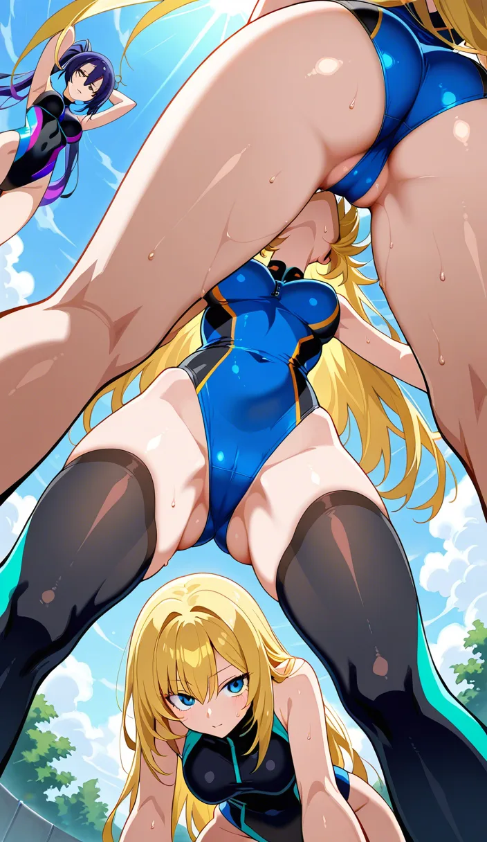 highly detailed, sharp, 3girls, facesitting, ass visible through thighs, day, doujin style, hentai_studio_quality