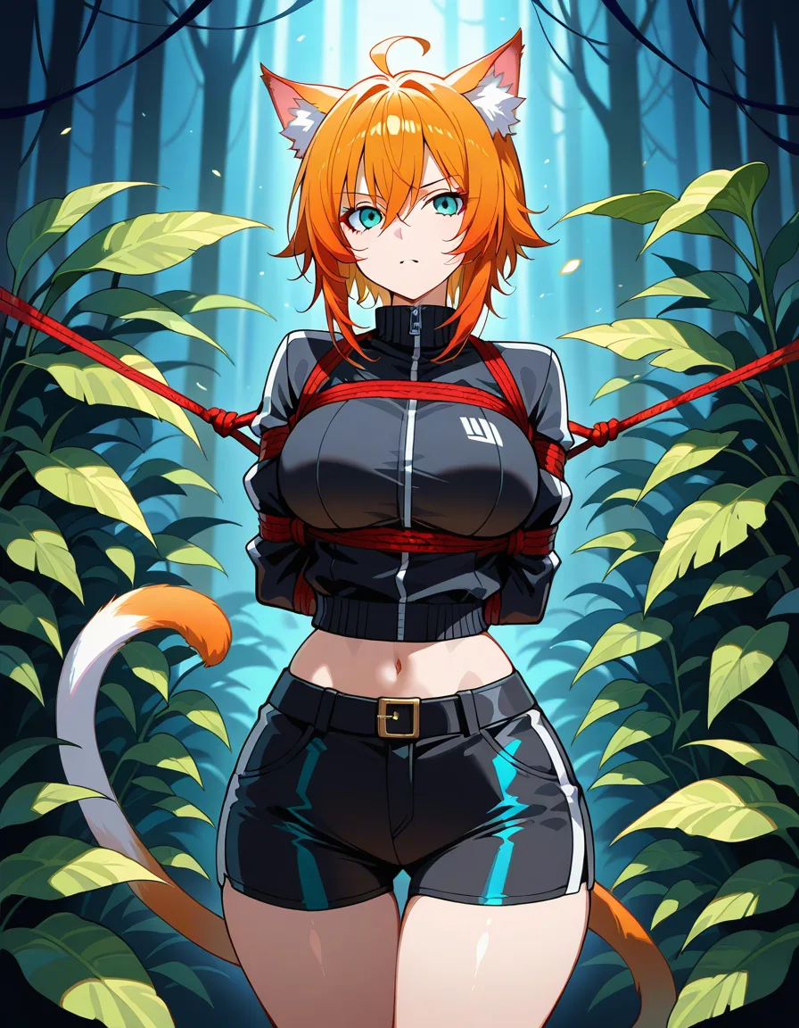 ultra detailed shading, catgirl, wide hips, shorts, bondage, plant, intense passion, soft cel shading, hentai_studio_quality