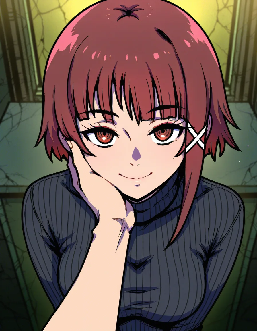 akairiot_artstyle, @iwakura_lain, serial_experiments_lain, 1girl, aged_up, medium_breasts, smile, turtleneck_sweater, black_sweater, hand_on_another's_face, looking_at_viewer, eye_contact, facing_viewer, pov_hands, hentai_studio_quality