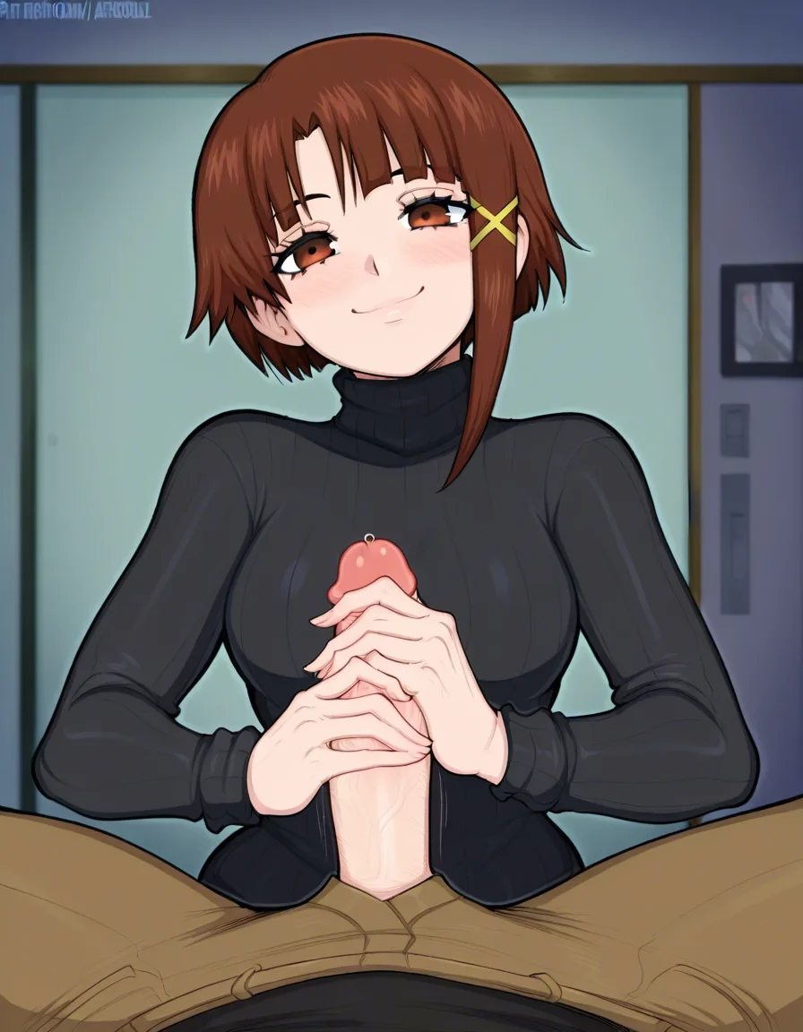afrobull_artstyle, @iwakura_lain, serial_experiments_lain, 1girl, solo, aged_up, brown_hair, short_hair, single_sidelock, x_hair_ornament, brown_eyes, medium_breasts, smile, blush, turtleneck_sweater, black_sweater, handjob, looking_at_viewer, facing_viewer, eye_contact, pov, hentai_studio_quality
