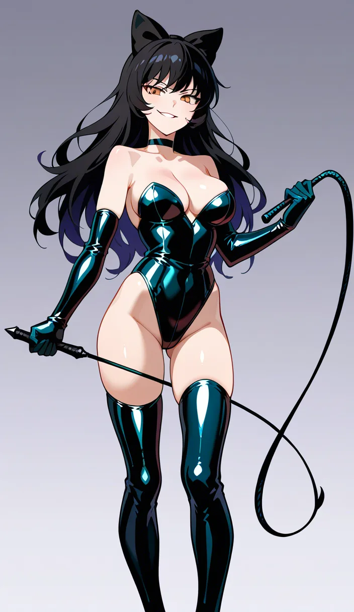 @blake_belladonna(rwby), latex, dominatrix, holding_whip, smirk, hentai_studio_quality
