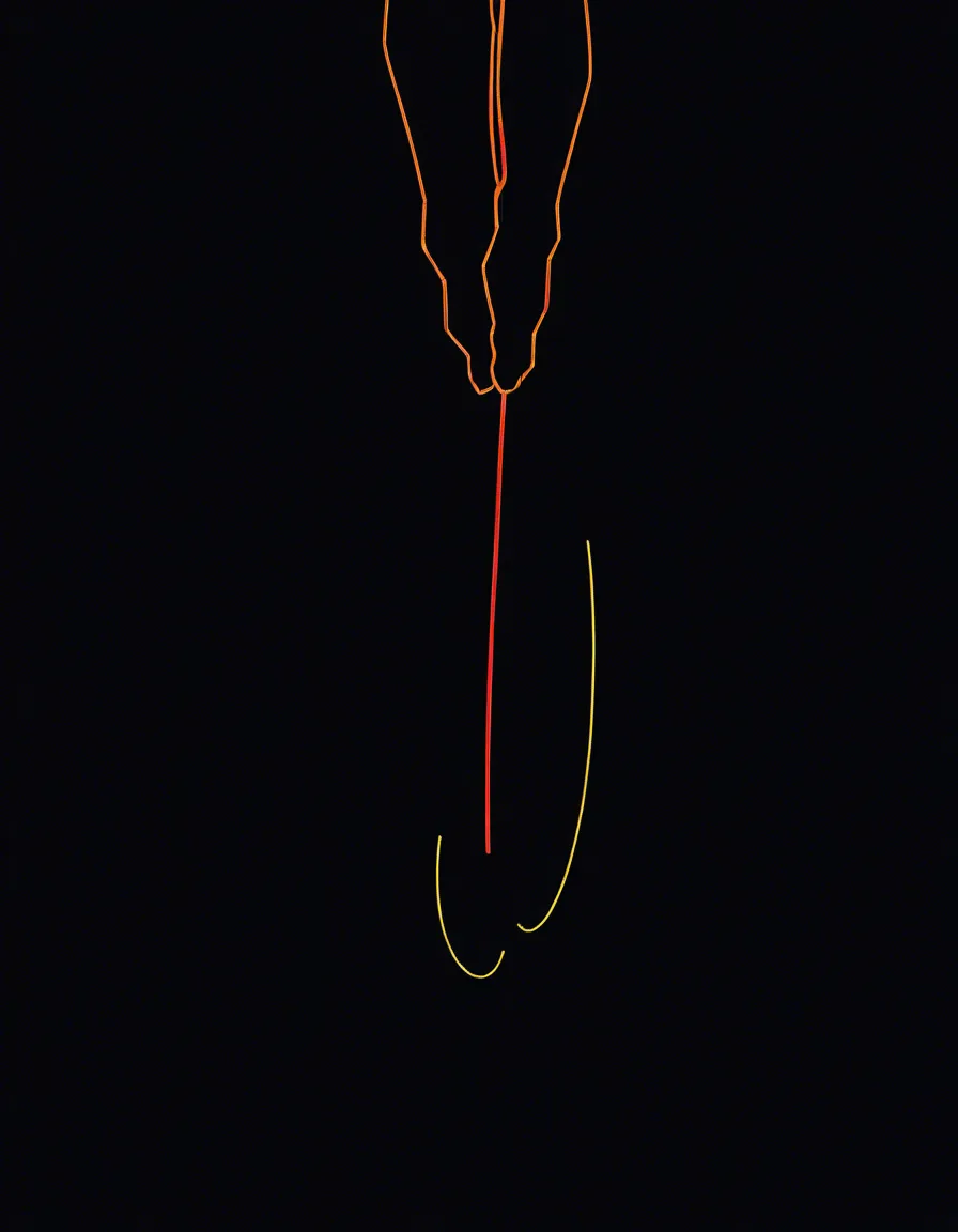 @purah, fully naked, hanging suspended in the air, arms and legs spread apart, tied on wrists and feet, upper body tilting towards the ground, lower body tilting upwards, looking at the viewer, no eyes, no nose, no mouth, black background, (anime style:1.3), 2d, anime screencap, cel shading, flat color, @00osamio00