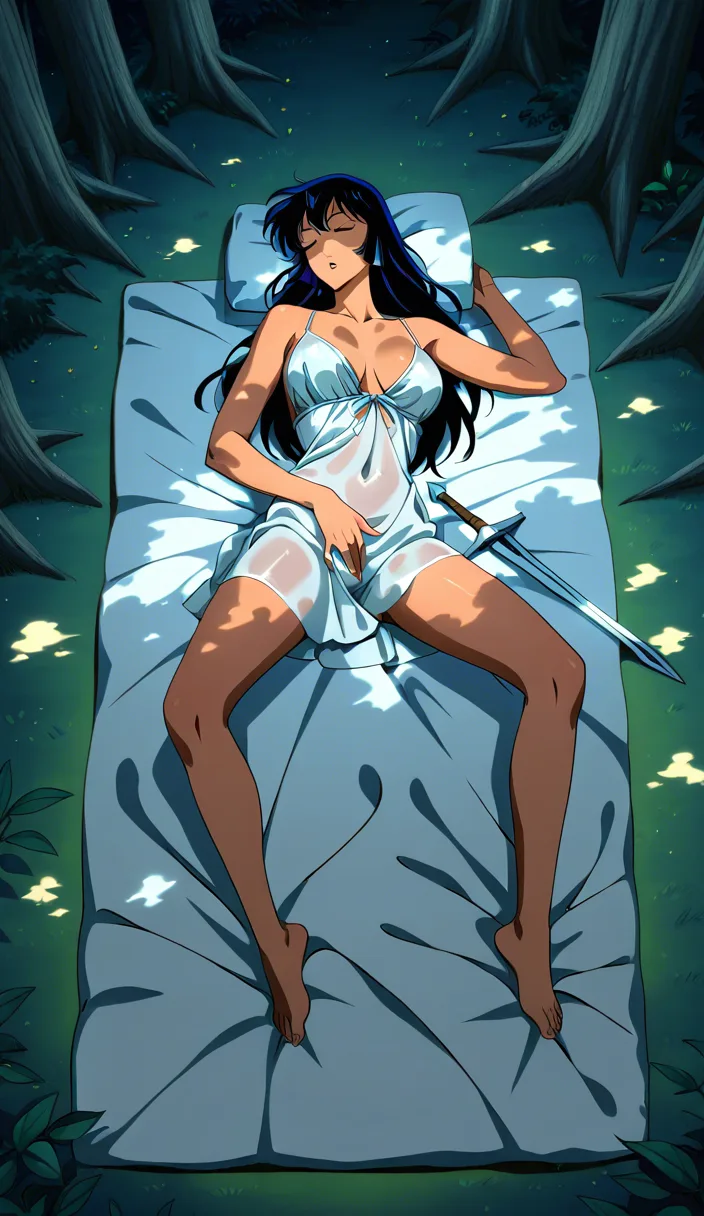 a fantasy warior woman in a silver satin neglige masturbates and squirts. She is lying on her sleeping mat in the forest. Her sword is beside her. The video should be in the art style of 80s fantasy art like Conan the barbarian.
