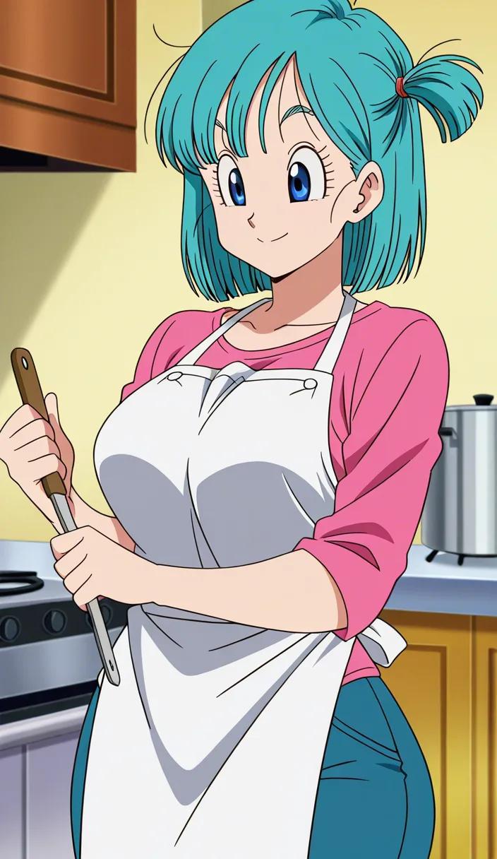 Adul bulma from dbz in hige gigantic muscles. She is cooking in the kitchen, (anime style:1.3), 2d, anime screencap, cel shading, flat color, @00osamio00