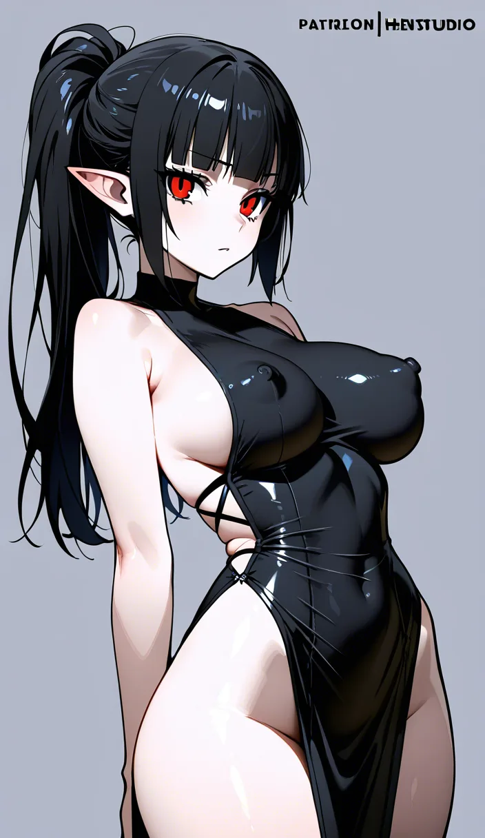[hentai], alternate_costume, alternate_hairstyle, detailed skin, three-quarter view, elf woman, vampire, goth girl, black_hair, high_ponytail, short stylish hair, (giant round breast:1.3), prominent erect nipples, covered_nipples, (wide_hips), (sleeveless sideless backless white highleg_one-piece_swimsuit with high_collar:1.2), (boob_tent), heavy steel slave_collar, piercing, (ear_piercing), (nipple_piercing), nipple_clamps, hoop_earrings, nurse_cap, lace elbow_gloves, leather_wrist_cuffs, thighhighs, zettai_ryouiki, standing, open_mouth, showing fangs, tongue_out, grin, sexually_suggestive, offering herself, (skindentation:1.2), outside_border,