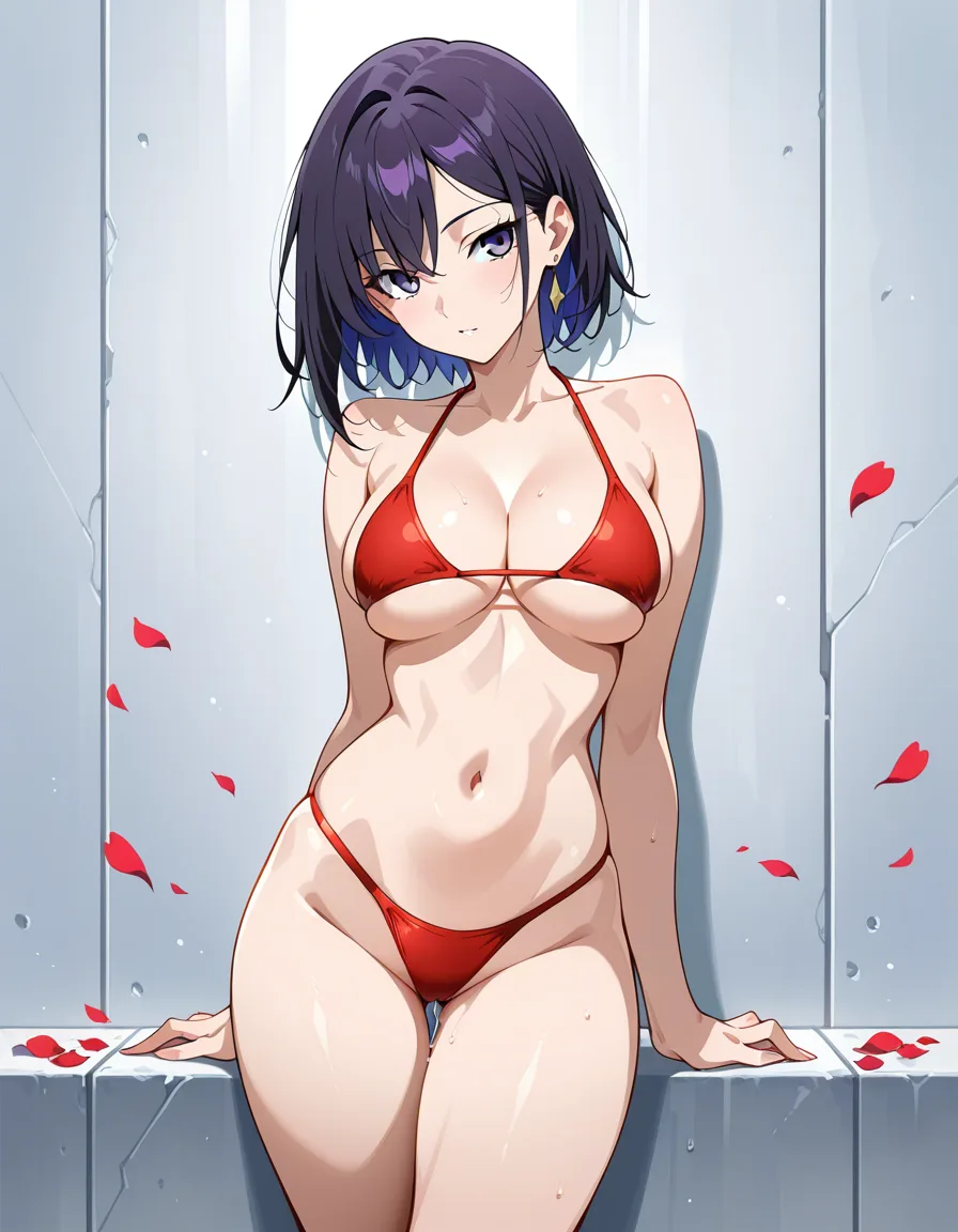 masterpiece, clean art, fitness model, groin, bikini, anal sex, petals, seductive look, anime style, hentai_studio_quality
