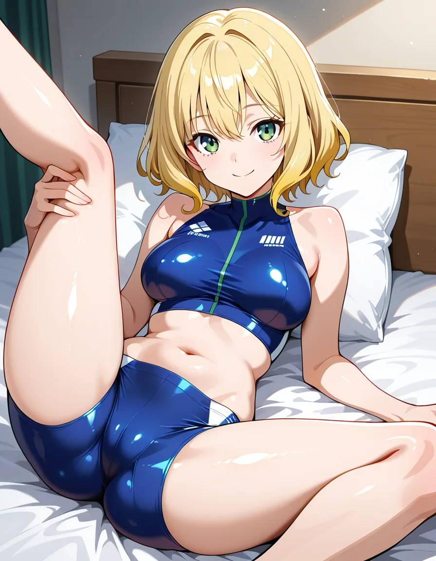 sexy blonde, short hair, green eyes, medium breast, shiny blue spandex top, shiny blue spandex shorts, legs spread, on bed, smile, hentai_studio_quality