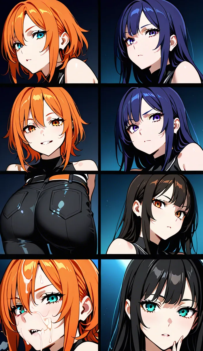 highres, sharp lines, 4girls, orange hair, pants, cum on face, cel shading