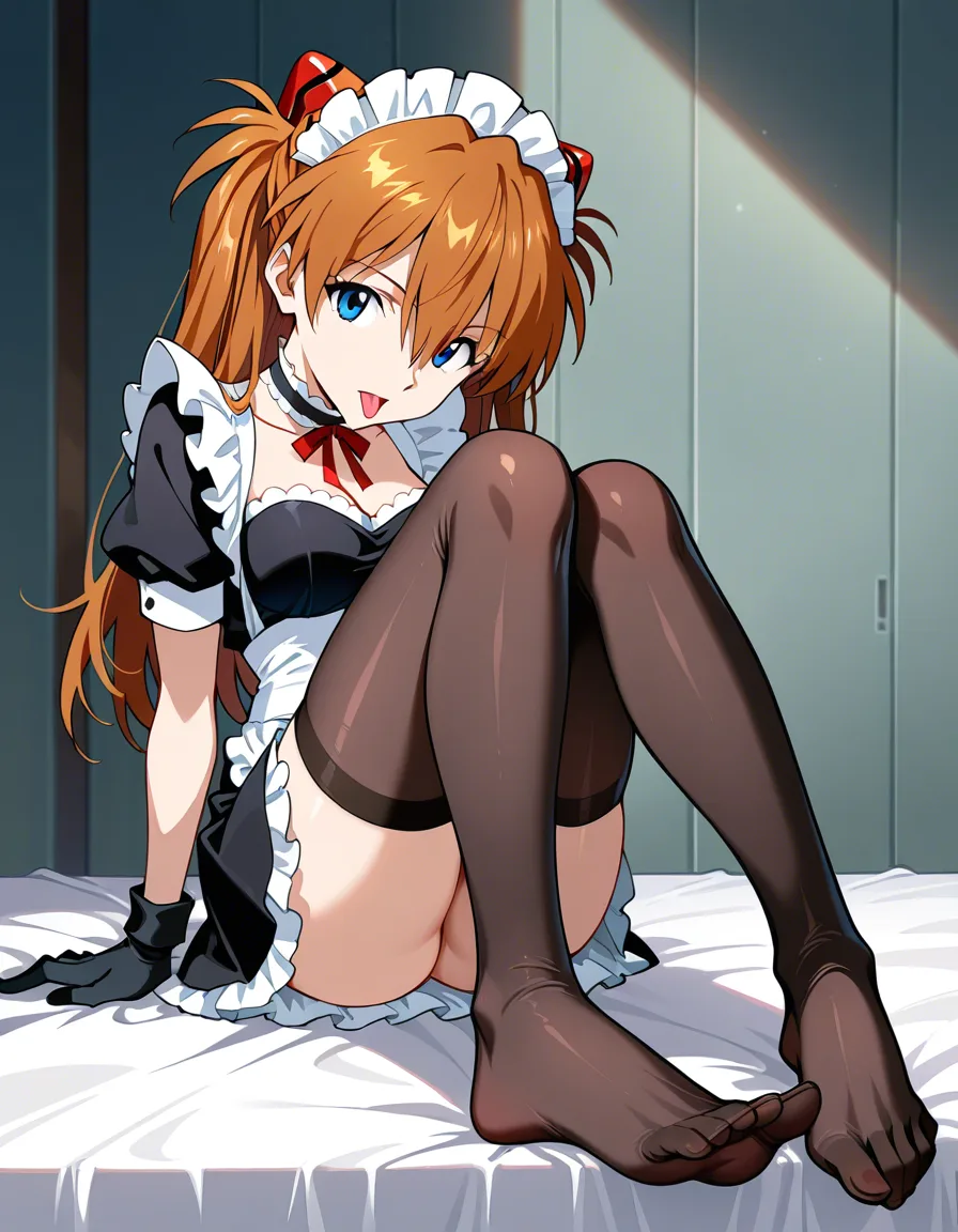 @souryuu_asuka_langley #black_gloves #dress #solo #feet #choker #thighhighs #knees_together_feet_apart 
The feet are visible  #tongue #miniskirt maid #sitting and showing her feet to viewer, #maid, hentai_studio_quality