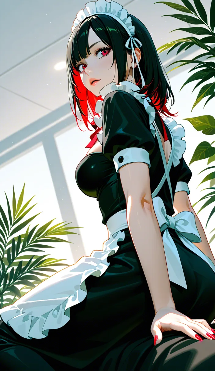 studio quality, sharp focus, maid, nail polish, ribbon, reverse cowgirl, leaf, from below, hyperrealistic