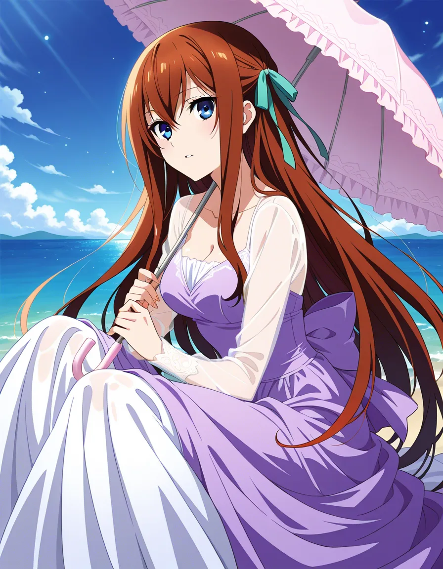 #solo #1girl #long_hair #dress #cum #hair_ribbon #princess #umbrella @makise_kurisu, hentai_studio_quality
