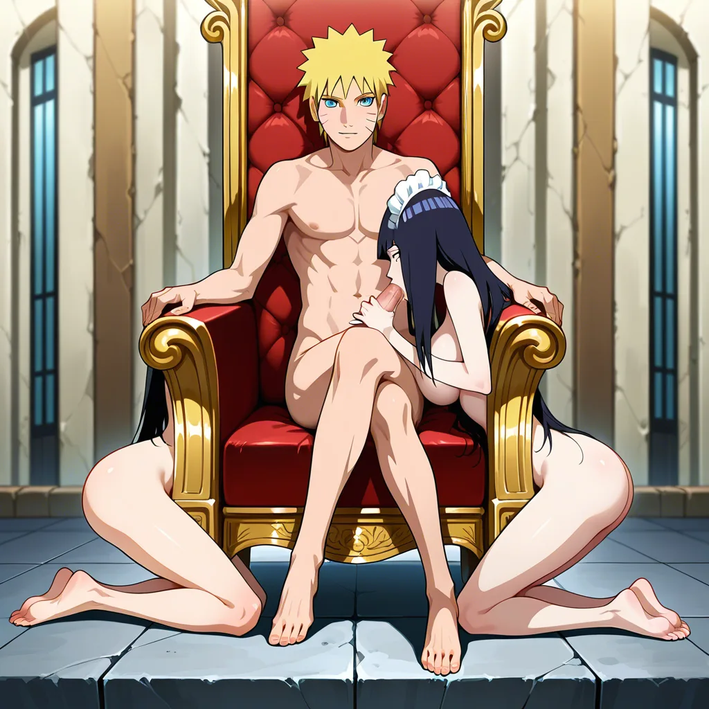 Naruto Uzumaki, sitting, @hyuuga_hinata, long_hair, nude, maid_headdress, kneeling, fellatio, throne, hentai_studio_quality