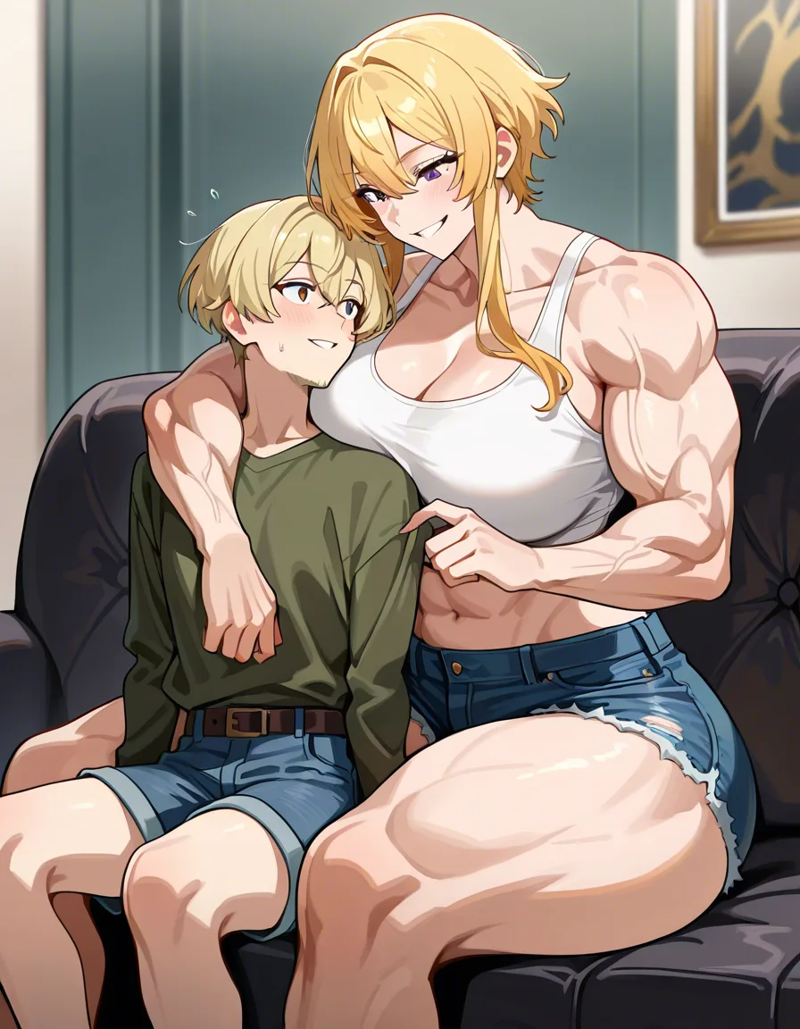 Giant muscular_female, man stubble, adults, size_difference, huge height_difference, female blonde_hair short_hair_with_long_locks , female sitting on_couch, male sitting_on_lap female, male legs_up, shirt, female crop_top denim_shorts ,femdom, dominant female grin looking_at_another,male facing_another looking_up, male sitting_on_lap, breast_press, teasing, nervous blush male looking_up , female leaning_back , male sitting_on_lap, male black medium_hair, petite male, femdom, female abs, female big biceps, female big shoulders, female thick_thighs, female huge_ass, female wide_hips, huge_breasts, gigantic tall female, bulging nipples, male sitting_on_lap male legs_up, male bulge, male narrow_waist, domination, eye_contact, aged_up, hentai_studio_quality