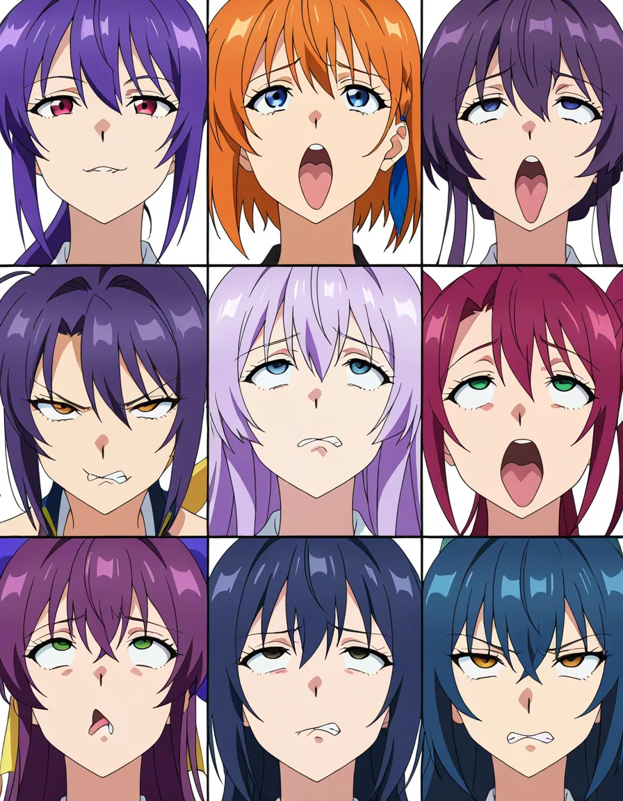ultra detailed shading, 5girls, biting lip, ahegao, wide hips, purple hair, manga panel look, (anime style:1.3), 2d, anime screencap, cel shading, flat color