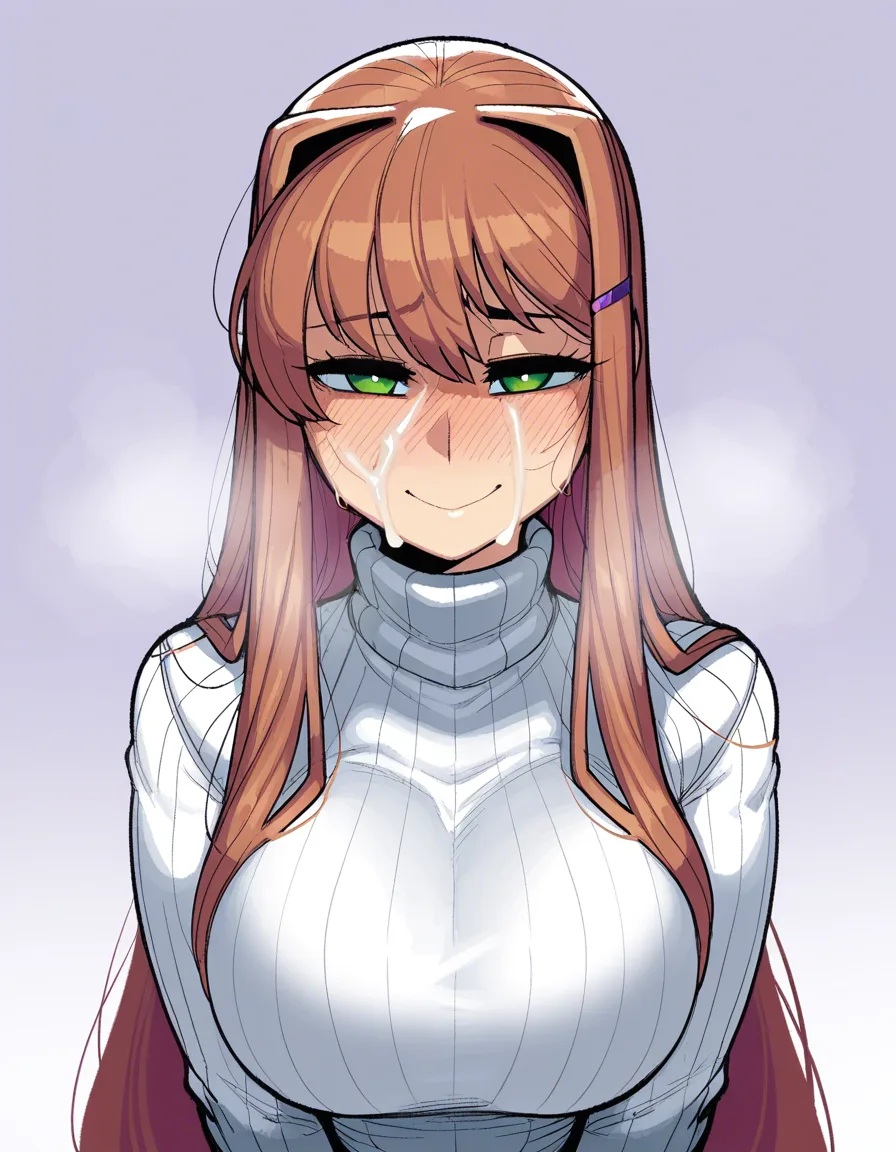 #krekkov_artstyle, @monika_(doki_doki_literature_club), 1girl, solo, hair_down, embarrassed, smile, white_turtleneck_sweater, cum, facial, facing_viewer, upper_body, hentai_studio_quality