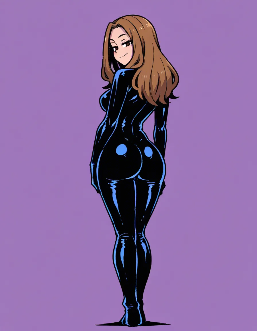 #akairiot_artstyle, @utsushimi_camie, boku_no_hero_academia, 1girl, solo, long_hair, brown_hair, brown_eyes, black_bodysuit, naughty_face, ass, standing, full_body, looking_back, from_behind, hentai_studio_quality