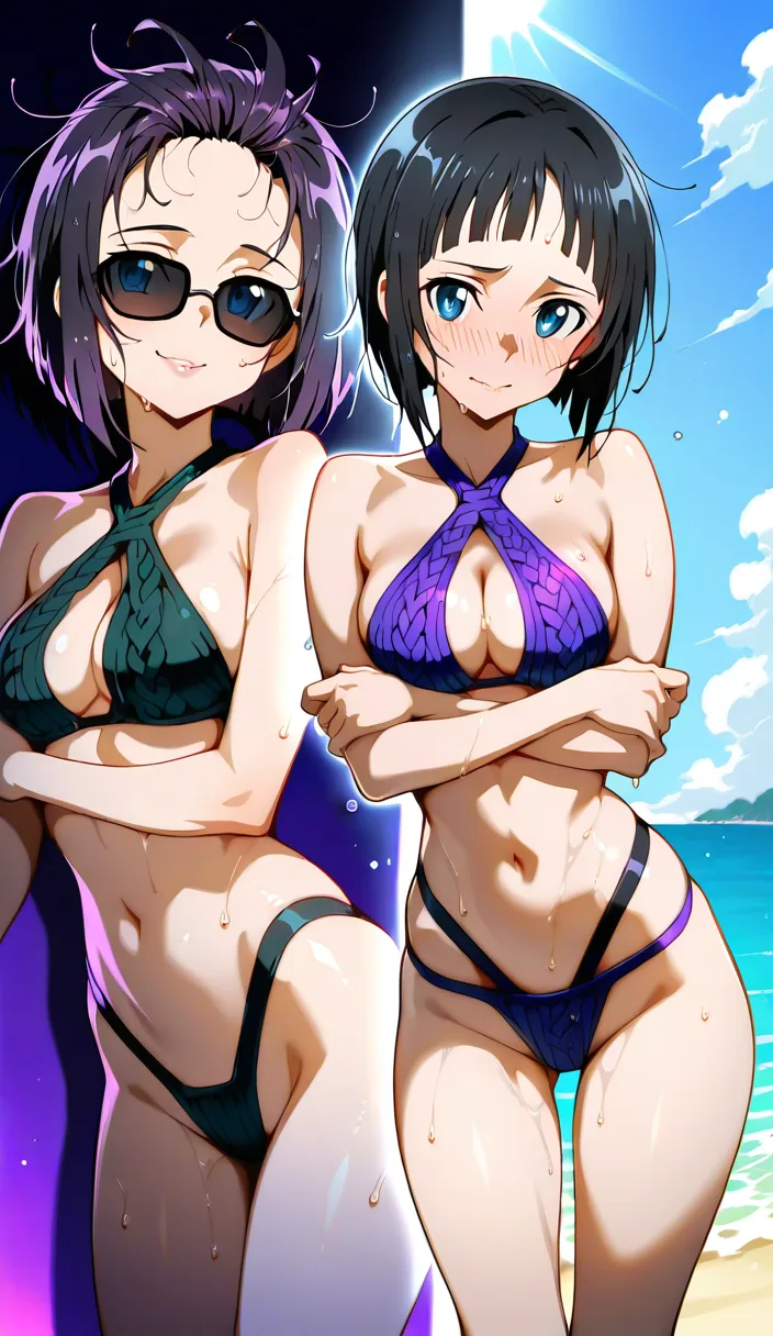 Sword art online artstyle, accurate anatomy, perfect anatomy, blue eyes, black hair, wet messy hair, medium bob hair, open forehead, black sunglasses, puffy lips, shy, embarrassed smile, naked, dark violet colored knit bikini, dark violet colored knit side tied thong, standing, sexy pose, knee-length view, on the beach, sea on background, medium breasts, ultraskinny body, hentai_studio_quality