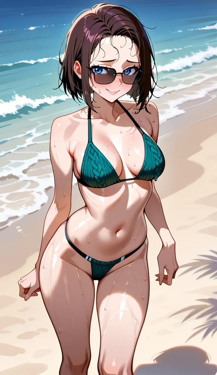 accurate anatomy, perfect anatomy, blue eyes, dark brown hair, wet messy hair, medium bob hair, open forehead, black sunglasses, puffy lips, shy, embarrassed smile, naked, dark violet colored knit bikini, dark violet colored knit side tied thong, standing, sexy pose, knee-length view, on the beach, sea on background, medium breasts, ultraskinny body, shiny skin, looking away, hentai_studio_quality