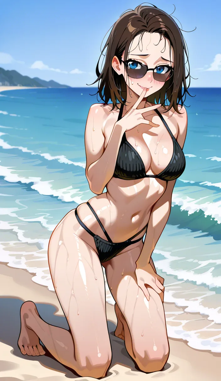 accurate anatomy, perfect anatomy, blue eyes, dark brown hair, wet messy hair, medium hair, open forehead, black sunglasses, puffy lips, shy, embarrassed smile, naked, black knit bikini, black knit side tied panties, sexy posing, on the beach, sea on background, medium breasts, ultraskinny body, shiny skin, kneeling, licking finger, pull panties down, hentai_studio_quality
