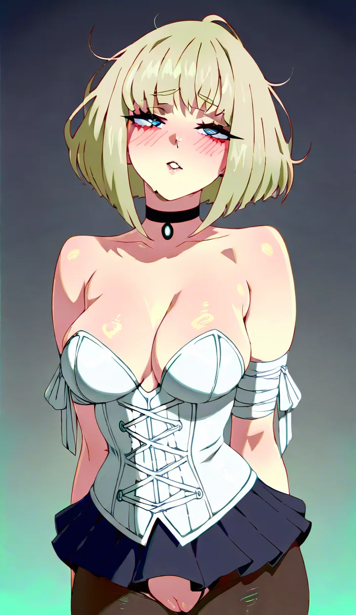 Kajinman art style, mamimi art, accurate anatomy, platinum blonde hair, wavy bob hair, messy hair, open clear forehead, blue eyes, half closed eyes, nose side ring piercing, seductive, wearing white corset, white ribbons on arms, black miniskirt, black pantyhose, crotchless, black choker, uncensored, blush, shy, ahegao, orgasm, rolling eyes, ruined evening makeup, laying on back, legs up, soles, bedroom, dark bed, full body view, exposed breasts, wet pussy, puffy perky nipples, nipple piercing, high angle view, pov male, big veiny penis, love hearts, japanese moaning sound effects, missionary sex, extremely vaginal penetration, rough sex, mating press, viewer grabbing hips, small perky breasts, exposed breasts, spread legs, deep penetration, happy smiling, soles, hentai_studio_quality