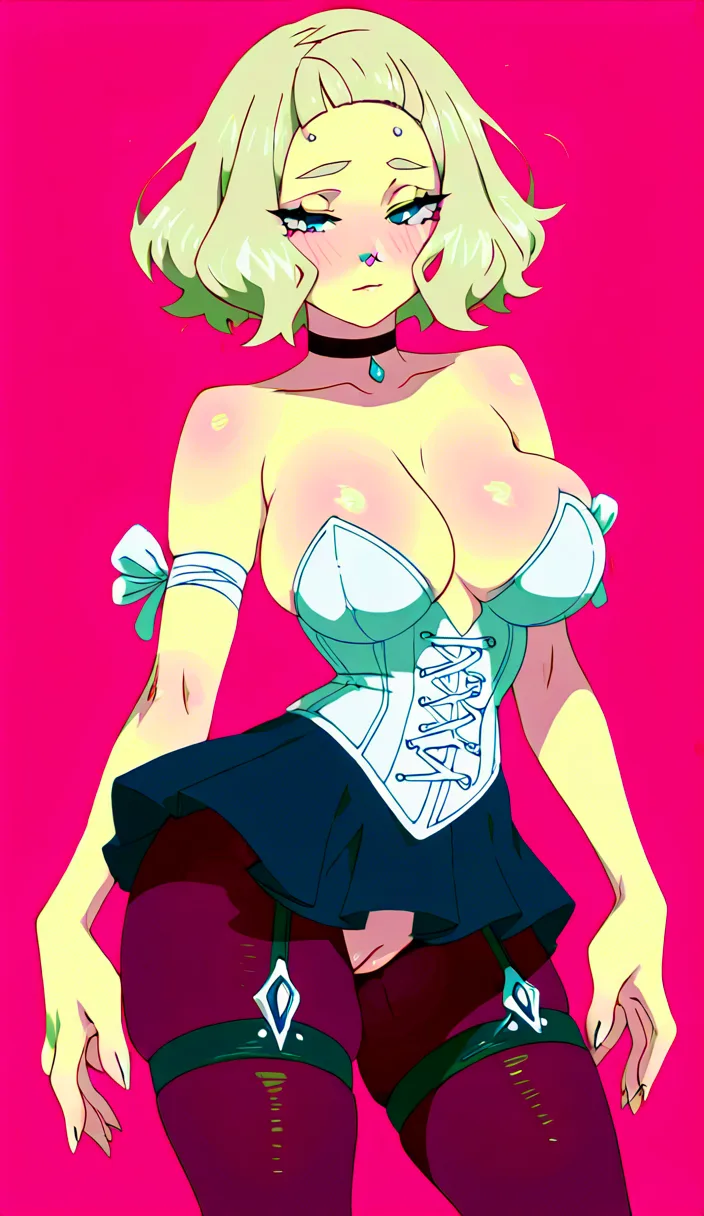 Kajinman art style, mamimi art style, accurate anatomy, platinum blonde hair, wavy bob hair, messy hair, open forehead, blue eyes, half closed eyes, nose side ring piercing, seductive, wearing white corset, white ribbons on arms, black miniskirt, black pantyhose, crotchless, with garters, black choker, uncensored, blush, shy, embarrassed smile, closed mouth, looking at viewer, evening makeup, solo, sexy posing, sitting, kitchen, full body view, showing feet, tattoos both forearms, tattoo cleavage, tattoos both legs, small perky breasts, hentai_studio_quality