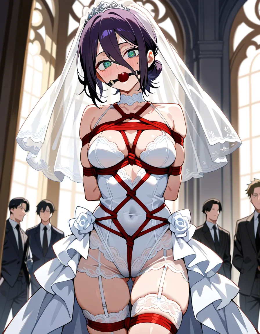 /masterpiece /ultra_detailed /highres @reze_(chainsaw_man) #wedding_dress #bridal_garter #bridal_veil #lace #lingerie #@_@ #gagged #shibari #public_indecency, hentai_studio_quality