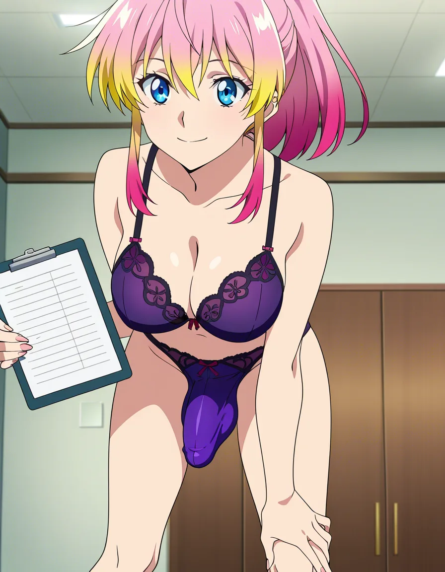 ultra detailed shading, bent over, fingernails, gradient hair, vivid anime colors, futanari, pink_hair, ponytail, purple lingerie, clipboard, smile, bulge, (anime style:1.3), 2d, anime screencap, cel shading, flat color