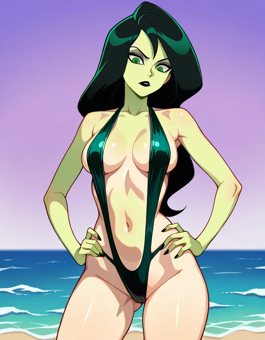 ultra detailed shading, 1 girl, She has a distinctive pale complexion with a noticeable greenish hue, She sports long, voluminous black hair, slanted bright green eyes, a sharp jawline, and dark black lipstick, looking down, looking back at viewer, hands on own hips, Shego from Kim Possible, beach, dark green slingshot_swimsuit,, hentai_studio_quality