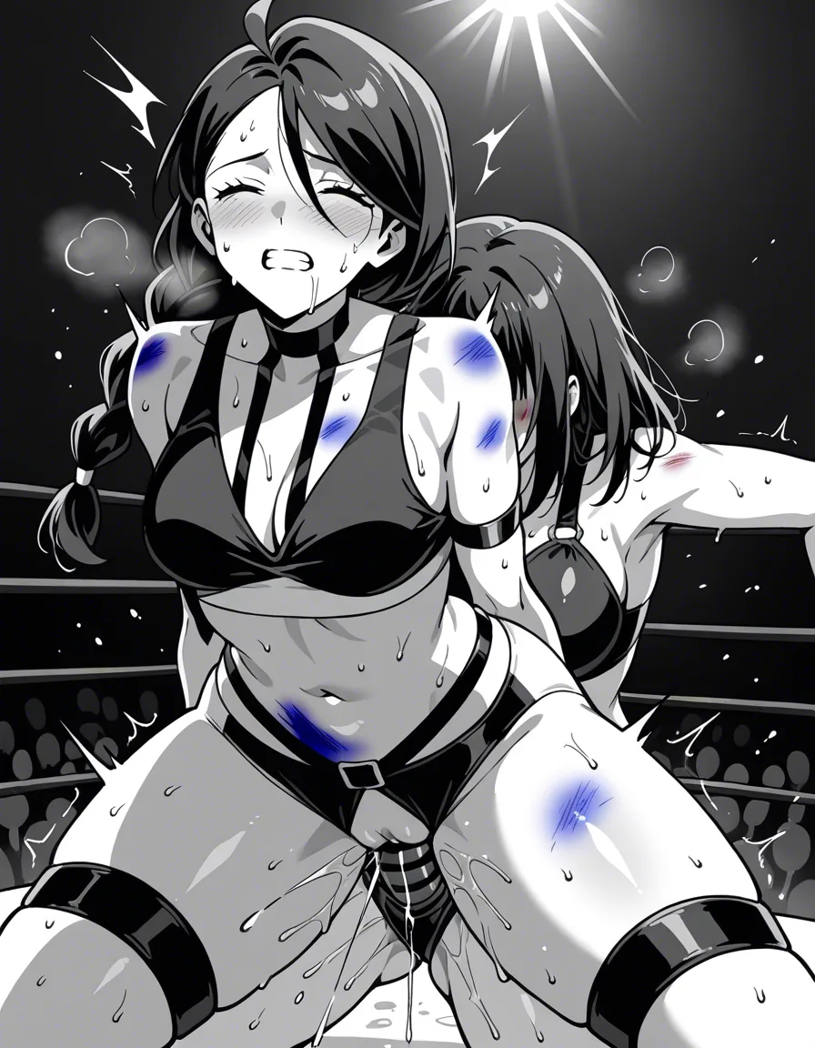 Marley_(pokemon) , Cheryl_(pokemon)  , 2girls yuri sex , wrestling_ring, wrestling orgasm pussy_juice, defeated, squirting , bruised, sweat strap-on vaginal doggystyle,,,,, from_side,,,,, hentai_studio_quality