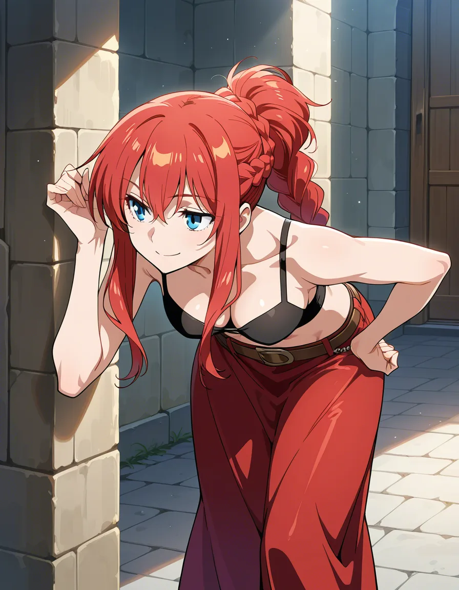 best quality, polished, redhead woman, bent over, midriff, braid, visual novel art, hentai_studio_quality