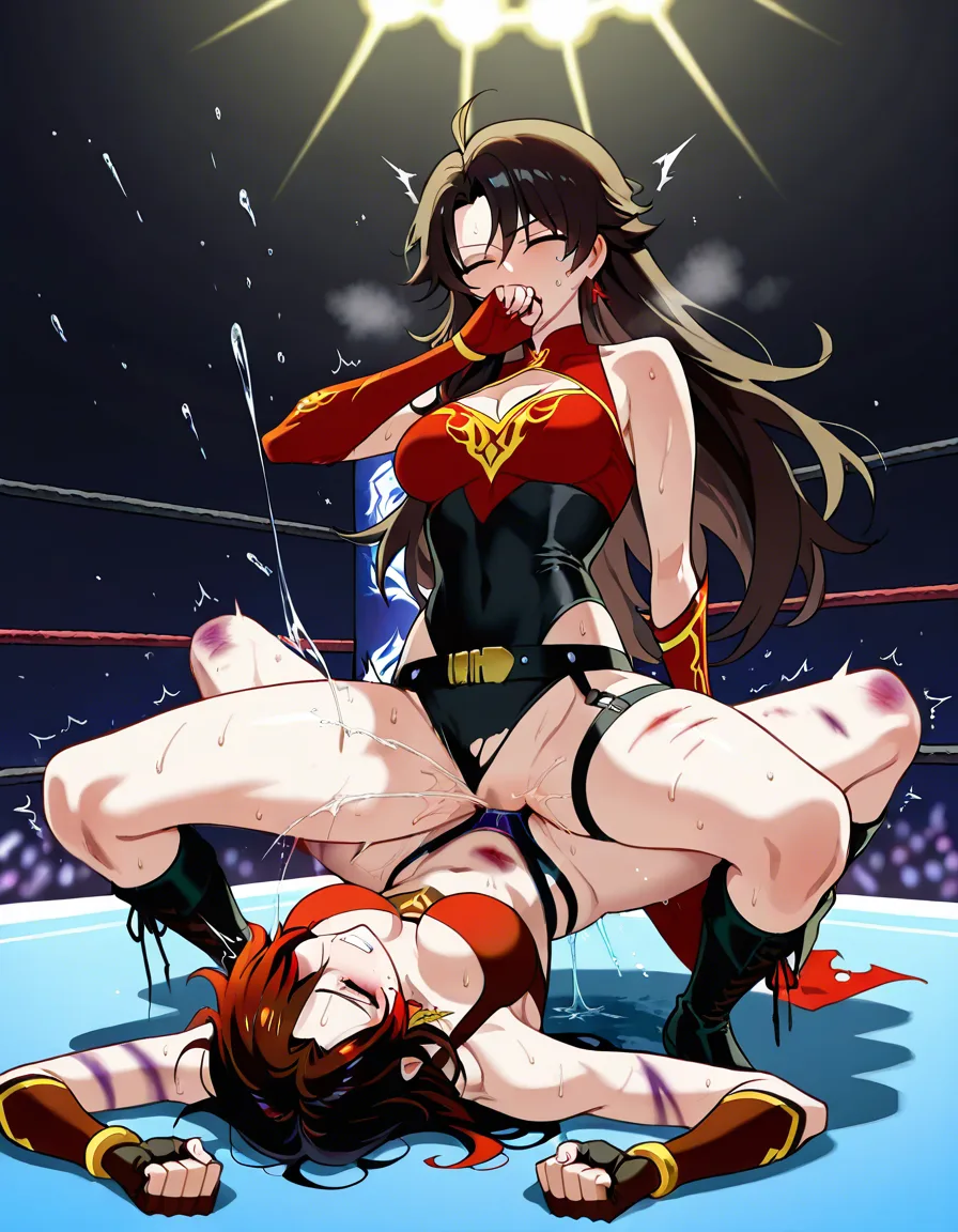Cinder_fall_(rwby)_black_hair , @sailor_jupiter_brown_hair covering_own_mouth , 2girls yuri sex , wrestling_ring, wrestling orgasm pussy_juice, defeated, squirting , bruised, sweat from_side amazon_position  strap-on leg_grab squatting torn_clothes,,,, hentai_studio_quality, hentai_studio_quality, hentai_studio_quality, hentai_studio_quality