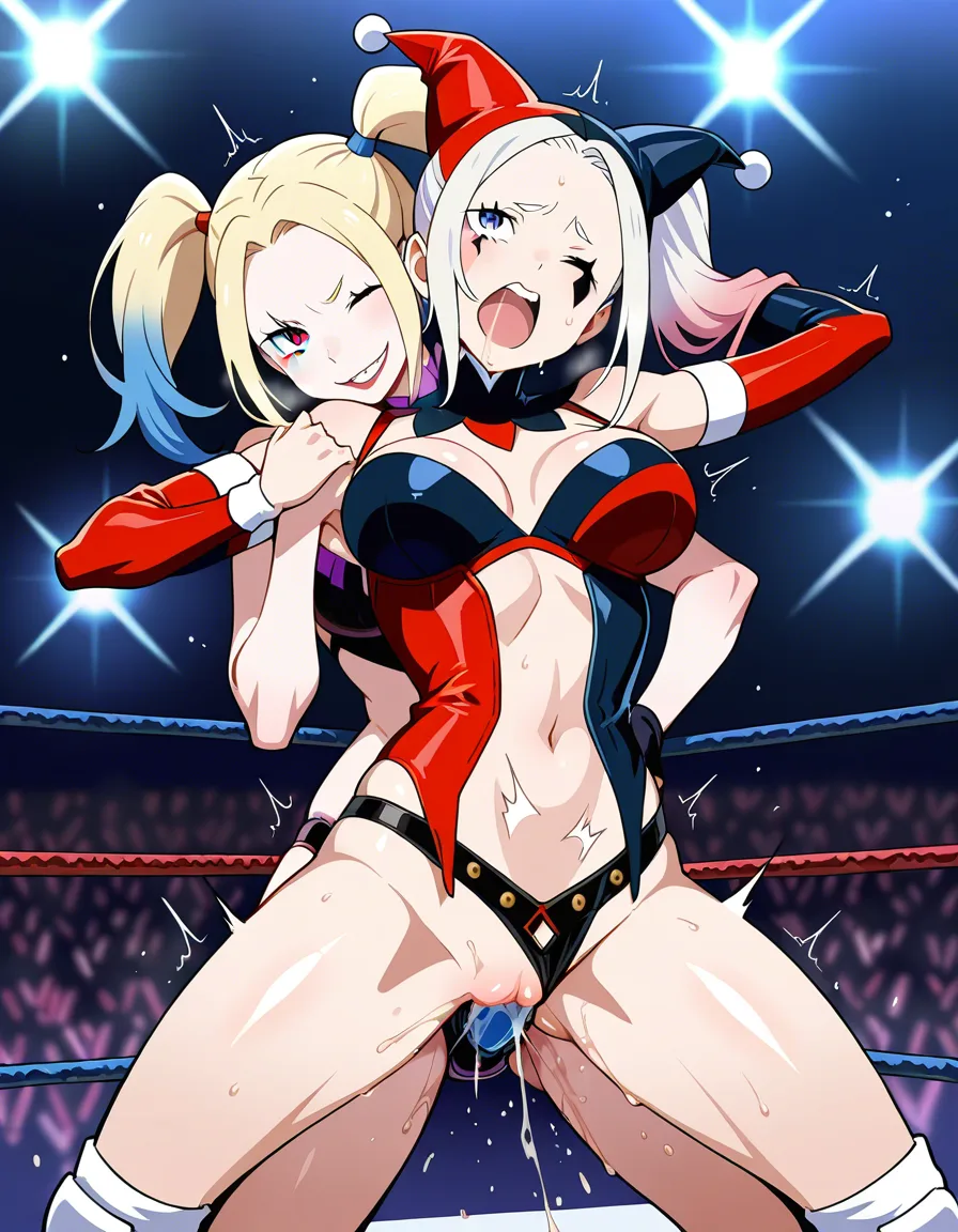 2girls , Best_quality, ultra_detailed, harley_quinn , @ram_(re:zero) ,yuri sex ,wrestling_ring wrestling defeated, pussy_juice squirting orgasm , strap-on  vaginal, wince,, hentai_studio_quality