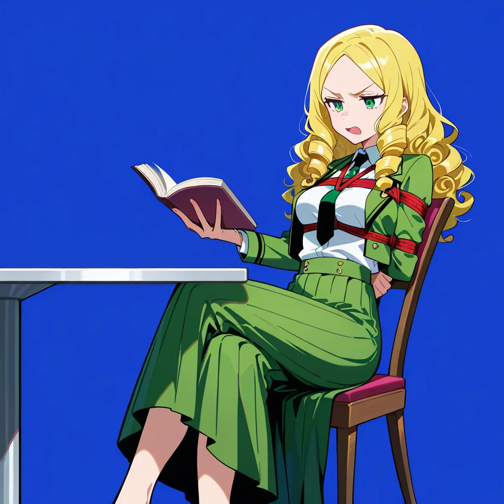 shibari, 1girl, blonde_hair, curly_hair, green_eyes, long_hair, crossed_legs, long_skirt, medium_breasts, white_shirt, chair, table, open_jacket, green_skirt, green_jacket, annoyed, reading, open_mouth, striped_clothes, necktie, blue_background,  pink_rope, striped_clothes, clothes_lift, stomach, arms_in_front, bound_wrists, looking_down, struggle, (anime style:1.3), 2d, anime screencap, cel shading, flat color