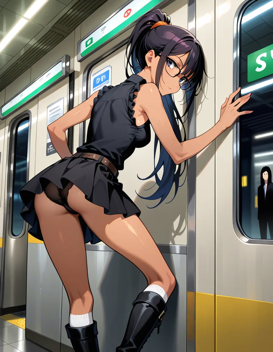 highres, vivid, masterpiece, 1girl, high_ponytail, dark_hair, skinny, tan, black glasses, smaller breasts, black sleeveless blouse, black knee boots with white socks peeking out, black ruffled miniskirt, black panties, upskirt, looking back BREAK subway station, hentai_studio_quality