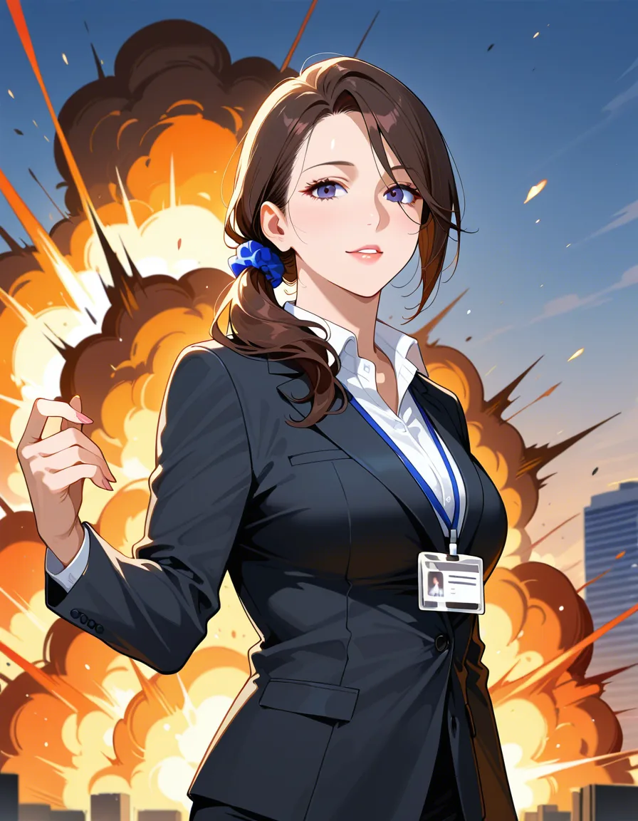 best quality, hyperrealistic, mature female, side ponytail, office wear, explosion, cum, hentai_studio_quality