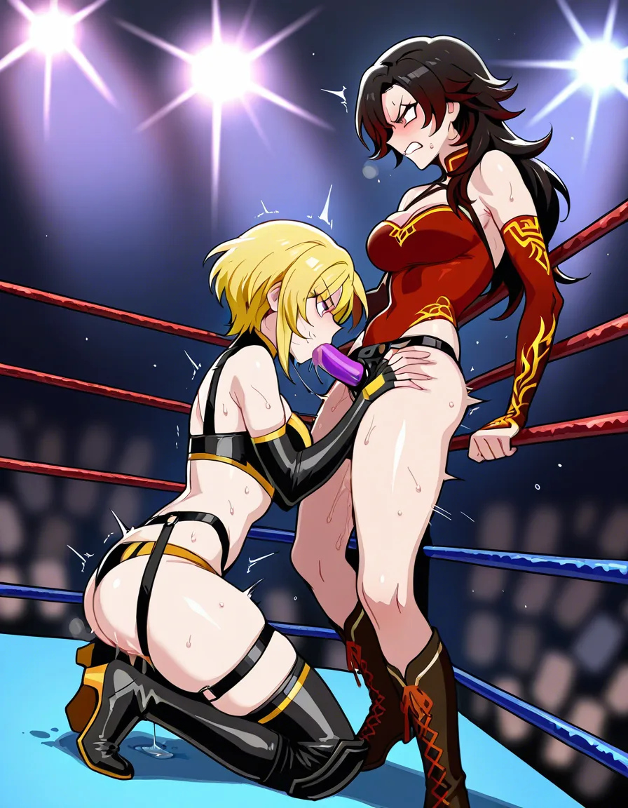 Best_quality highly_detailed, from_side ,  cinder_fall_(rwby)  , angry (@sailor_uranus-blonde_hair-short_hair) , 2girls yuri sex ,wrestling_ring wrestling defeated, pussy_juice orgasm , sweat strap-on oral fellatio kneeling head_grab, skindentation, hentai_studio_quality