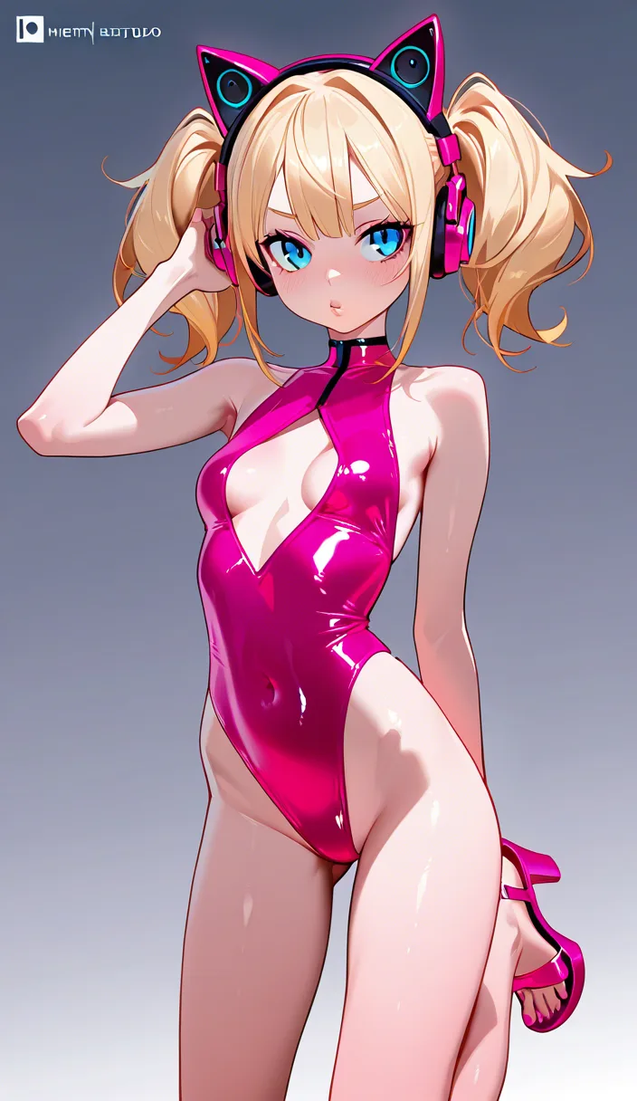 Studio quality, 8k, uhd, sharp focus, Masterpiece highly detailed, 1girl 1boy, slim short short narrow_waist small_breasts blonde slender girl with twintails, pink headphones in a shape of Cat ears, revealing pink monokini, open toe pink heels, peach skin, blue eyes, thin puffy lips, girl Getting fucked in the pussy, pussy sex from_behind by big fat male human naked, lying on side on bed, leaned out ass, legs togheter, big male fucking from behind while lying on bed, his hand on her tummy, male face blurred, size_difference, large_penis, deep pussy penetration, excessive cum_in_pussy, big house, bedroom, from_above view