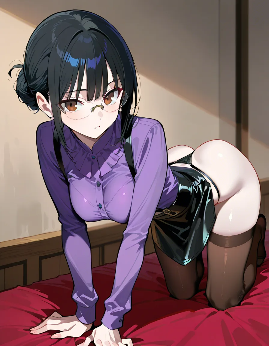 A 50-year-old Asian woman with pale skin, straight black hair in a tight bun, brown eyes, and rimless glasses, slim body with medium breasts and medium ass, wearing a purple satin blouse, black leather skirt, black thong, suspender belt, brown fully fashioned stockings, and black suede stilettos. She is on all fours on tatami mats inside a Tokyo apartment at night, riding a dildo stuck on a low table, her very hairy wet pussy with thick bush visibly dripping, moaning, under natural lighting., hentai_studio_quality