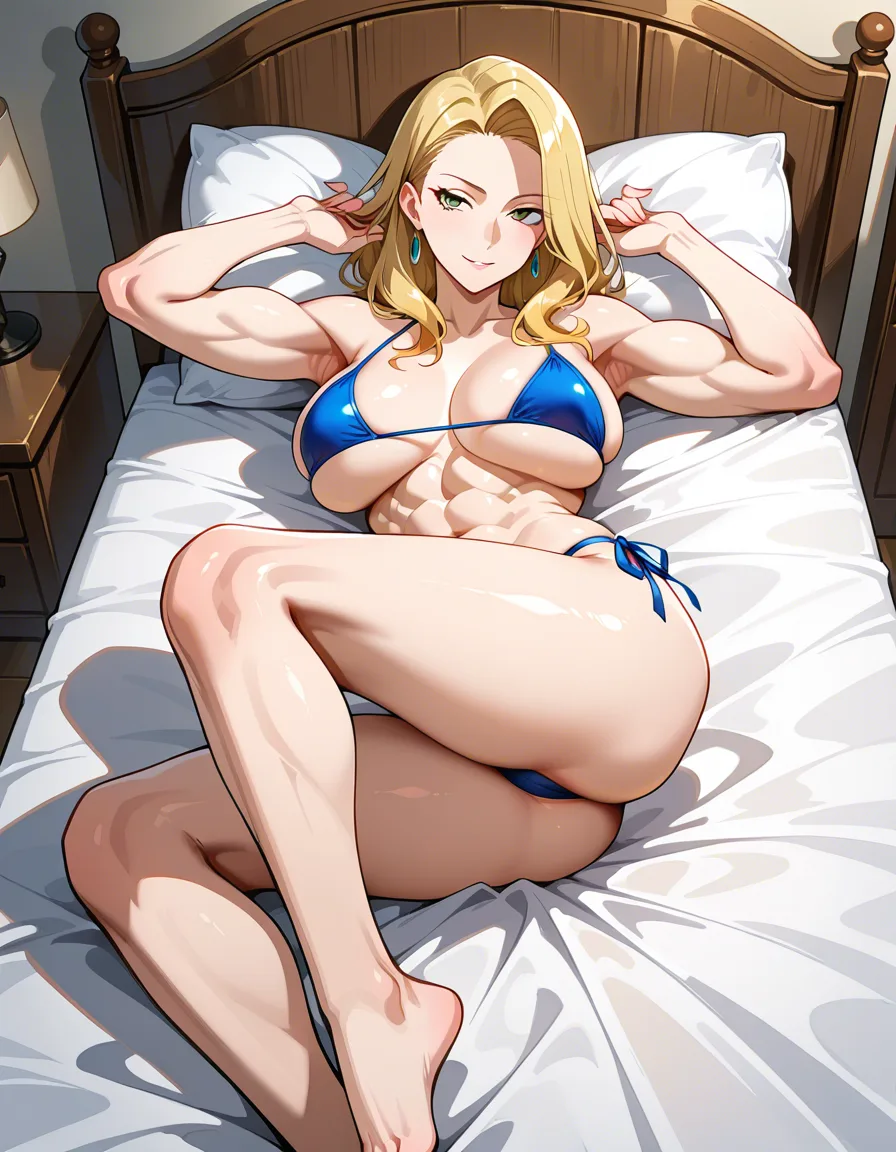 ultra detailed shading, milf, muscular, blonde hair, bed, hentai style, large_breasts , bikini ,, hentai_studio_quality