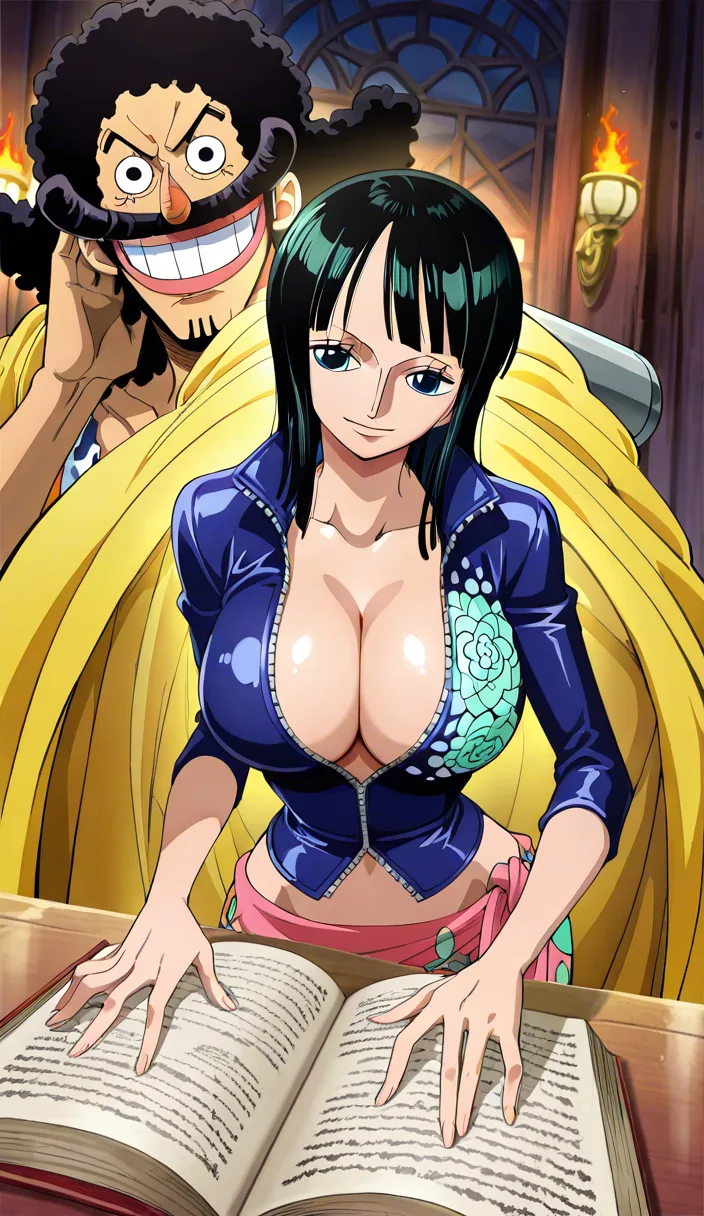 (masterpiece, best quality, ultra-detailed, intricate details, detailed background, high-res, rich colors), One Piece, official art style, Usopp, grinning, wearing a jacket, Nico Robin, massive breasts, clothing disheveled and open, 1 boy and 1 girl, layout of an open book with two pages (3 panels on the left, 3 panels on the right). Scene 1: Female, looking embarrassed, flushed, lying on her back, panting intensely; Male, highly aroused, in a missionary position, thrusting his hips forward at incredible speed (with motion blur/afterimages trailing his hips), full-body shot of both. Scene 2: Male, missionary position, penis inserted to the hilt, deep-kissing the female; Female, lying on her back, panting, medium shot. Scene 3: Male, standing on the bed, gripping her head and thrusting his penis deep into her mouth; medium shot of the female. Scene 4: Female, taking his penis deep into her mouth (to the hilt), internal ejaculation (cumshot in mouth), swallowing the semen; close-up of the female. Scene 5: Male, expression of intense pleasure, rear-entry (woman sitting), fondling her breasts, thrusting his hips hard against her buttocks for deep penetration, massive internal ejaculation (cumshot inside vagina); Female, looking overwhelmed/strained, at the peak of pleasure, gasping/crying out; full-body shot of both. Additional settings: Detailed character appearances, cel-shading, sharp focus, dynamic composition, motion lines, speed lines, inside a ship's cabin, deep shadows, hentai_studio_quality
