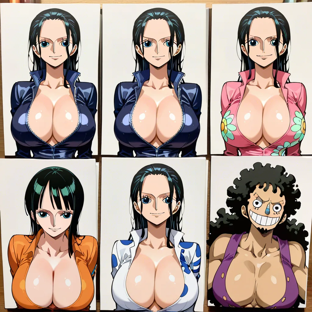 (masterpiece, best quality, ultra-detailed, intricate details, detailed background, high-res, rich colors), One Piece, original art style, Usopp, grinning, wearing a jacket, Nico Robin, massive breasts, clothing disheveled and open, 1 boy and 1 girl, 2-page manga layout, 3 panels on the left page, 3 panels on the right page, Scene 1: female, looking embarrassed, blushing, lying on her back, panting intensely; male, highly aroused, on top in the missionary position, thrusting his hips forward at incredible speed, motion blur/afterimage trailing his hips, full-body shot of both. Scene 2: male, missionary position, penis inserted to the hilt, deep kissing; female, lying on her back, moaning, medium shot. Scene 3: male, standing on the bed, grabbing her head and thrusting his penis deep into her mouth; medium shot of the female. Scene 4: female, taking his penis deep into her mouth (to the hilt), internal ejaculation (oral), swallowing the semen; close-up of the female. Scene 5: male, expression of intense pleasure, rear-entry (woman sitting), fondling her breasts, thrusting deep into her, massive internal ejaculation (vaginal); female, looking overwhelmed/strained, at the peak of pleasure, moaning loudly; full-body shot of both. Additional settings: detailed character appearances, cel-shading, sharp focus, dynamic composition, motion lines, speed lines, inside a ship's cabin, deep shadows., hentai_studio_quality