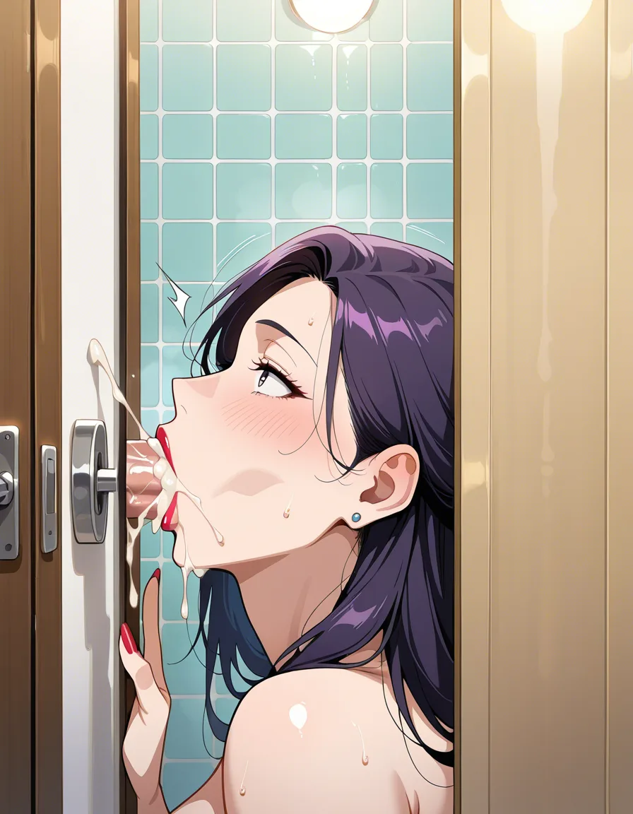 Masterpiece, high quality, high res, mature_female , chubby, bathroom, excited, oral , sex ,rough , mommy, lipstick cum_in_mouth, profile hentai_studio_quality, hentai_studio_quality